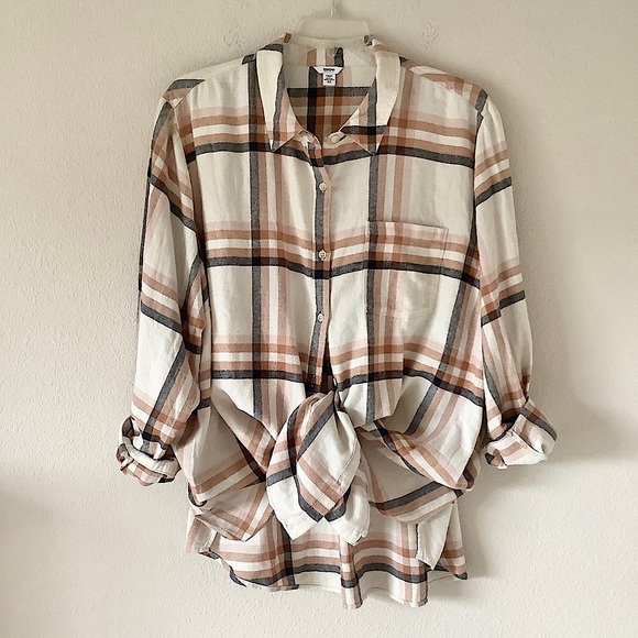 Kohl's Tops Kohls Sonoma Plus Size Plaid Flannel Shirt Neutral Soft